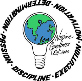 NSPIRE GREATNESS EST. 2020 · DETERMINATION · MOTIVATION · EXECUTION · DISCIPLINE · PASSION logo