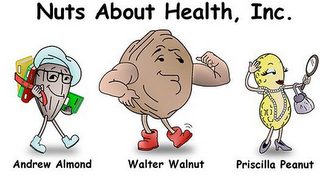 NUTS ABOUT HEALTH, INC. ANDREW ALMOND WALTER WALNUT PRISCILLA PEANUT logo
