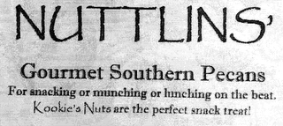 NUTTLINS' GOURMET SOUTHERN PECANS FOR SNACKING OR MUNCHING OR LUNCHING ON THE BEAT, KOOKIE'S NUTS ARE THE PERFECT SNACK TREAT! logo