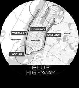 NYC BLUE LOOP WEST LOOP EAST LOOP QUEENS NEW JERSEY MANHATTAN WTC HUB BLUE HIGHWAY logo