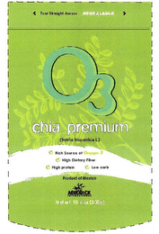 O3 CHIA PREMIUM (SALVIA HISPANICA L.) RICH SOURCE OF OMEGA 3 HIGH DIETARY FIBER HIGH PROTEIN LOW CARB PRODUCT OF MEXICO AGROBECK INTERNATIONAL NET WT. 10.6 OZ (300G) logo