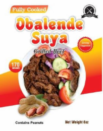 OBALENDE FOODS FULLY COOKED OBALENDE SUYA GRILLED BEEF SERVING SUGGESTION 170 GRAMS CONTAINS PEANUTS NET WEIGHT 6 OZ logo