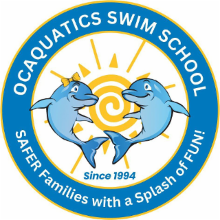 OCAQUATICS SWIM SCHOOL SINCE 1994 SAFER FAMILIES WITH A SPLASH OF FUN logo