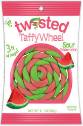 OG TWISTED TAFFY WHEEL 3FT OF ROPE! SOUR WATERMELON NET WT 3.1 OZ (88G) ARTIFICIALLY FLAVORED logo