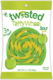 OG TWISTED TAFFY WHEEL 3FT OF ROPE SOURAPPLE NET WT 3.1 OZ (88G) ARTIFICIALLY FLAVORED logo