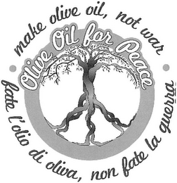 OLIVE OIL FOR PEACE FATE L'OLIO DI OLIVA, NON FATE LA GUERRA · MAKE OLIVE OIL, NOT WAR · logo