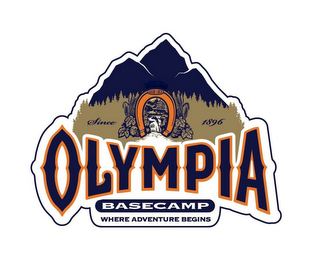 OLYMPIA BASECAMP WHERE ADVENTURE BEGINS GOOD LUCK SINCE 1896 logo
