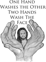 ONE HAND WASHES THE OTHER TWO HANDS WASH THE FACE logo