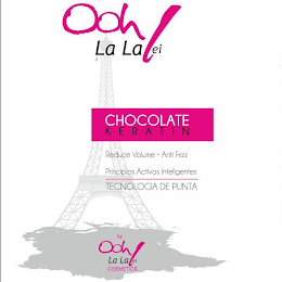 OOH LA LA LEI CHOCOLATE KERATIN REDUCE VOLUME · ANTI FRIZZ PRINCIPIOS ACTIVOS INTELIGENTES TECNOLOGIA DE PUNTA BY OOH LA LA LEI COSMETICS logo