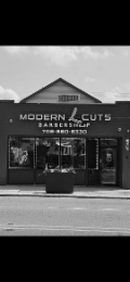 OPEN MODERN BARBERSHOP 708-860-8330 CUTS OPEN logo