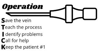 OPERATION SAVE THE VEIN TEACH THE PROCESS IDENTIFY PROBLEMS CALL FOR HELP KEEP THE PATIENT #1 STICK logo
