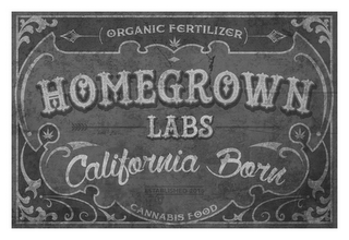 (ORGANIC FERTILIZER) HOMEGROWN LABS CALIFORNIA BORN ESTABLISHED 2016 CANNABIS FOOD logo