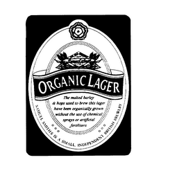 ORGANIC LAGER THE MALTED BARLEY & HOPS USED TO BREW THIS LAGER HAVE BEEN ORGANICALLY GROWN WITHOUT THE USE OF CHEMICAL SPRAYS OR ARTIFICIAL FERTILISERS SAMUEL SMITHS IS A SMALL INDEPENDANT BRITISH BREWERY logo
