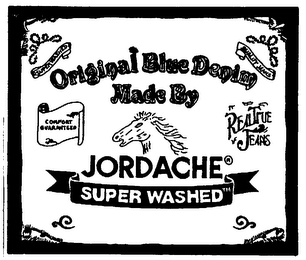 ORIGINAL BLUE DENIM MADE BY JORDACHE SUPER WASHED COMFORT GUARANTEED QUALITY JEANS REALTRUE JEANS logo