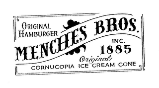ORIGINAL HAMBURGER MENCHES BROS. INC. 1885 ORIGINAL CORNUCOPIA ICE CREAM CONE logo