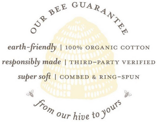 OUR BEE GUARANTEE EARTH-FRIENDLY | 100% ORGANIC COTTON RESPONSIBLY MADE | THIRD-PARTY VERIFIED SUPER SOFT | COMBED & RING-SPUN FROM OUR HIVE TO YOURS logo