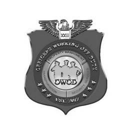 OWOD, OFFICERS WORKING OFF DUTY, EST. 2017, PROPERTY MANAGEMENT, TRANSPORTATION, SECURITY SERVICES, XXIII logo