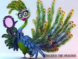 P, PRECIOUS THE PEACOCK logo
