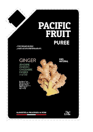 PACIFIC FRUIT PUREE NO SUGAR ADDED NOT ADDED PRESERVATIVES GINGER 100% NATURAL JENGIBRE ZENZERO GINGEMBRE INGWER INGREDIENTS: GINGER INGREDIENTES: JENGIBRE INGREDIENTI: ZENZERO INGREDIENTS: GINGEMBRE ZUTATEN: INGWER HARVESTED & PROCESSED IN PERU 1KG 2.2 LBS logo