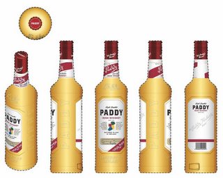 PADDY ESTD 1779 SOFT & MELLOW IRISH WHISKEY THE PADDY FLAHERTY BRAND TRIPLE DISTILLED PADDY IRISH WHISKEY BLENDED TO PERFECTION WITH TRIPLE DISTILLED POT STILL, MALT AND GRAIN WHISKEYS AND MATURED FOR MANY YEARS IN OAK CASKS, PADDY IS A SOFT AND MELLOW WHISKEY WITH A SWEET, MALTY FINISH MATURED IN OAK IN IRELAND DISTILLED & BOTTLED BY CORK DISTILLERIES CO. LTD. IT'S PADDY'S ROUND! BLEND POT STILL, GRAIN & MALT RECIPE PF07810000 APPROVED BY JAMES MURPHY PRODUCT OF IRELAND logo