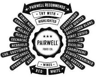PAIRWELL RECOMMENDS TRY WITH HIGHLIGHTED PAIRWELL FOOD CO. WINES RED WHITE PINOT NOIR SANGIOVESE MALBEC GRENACHE NEBBIOLO CAB. SAUVIGNON ZINFANDEL SYRAH/SHIRAZ ROSE CHARDONNAY OAKED WHITE SAUVIGNON BLANC PINOT GRIGIO MOSCATO RIESLING CHAMPAGNE GEWURZTRAMINER LATE HARVEST ICE WINE logo