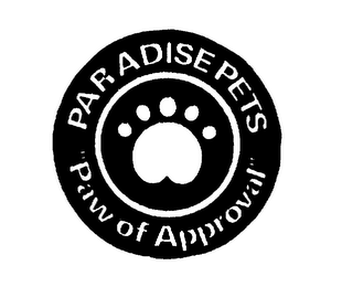 PARADISE PETS "PAW OF APPROVAL" logo