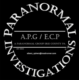 PARANORMAL INVESTIGATION A.P.G / E.C.P A PARANORMAL GROUP ERIE COUNTY PA EST 2003 SIBERZ_SPHERZ@ROADRUNNER.COM logo