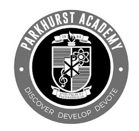 PARKHURST ACADEMY 1984 SPIRITALIS ET PAEDAGOGICAE DISCOVER DEVELOP DEVOTE logo