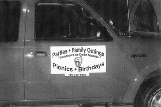 PARTIES · FAMILY OUTINGS PICNICS · BIRTHDAYS THOMPSON'S ICE CREAM SQUEEZE 480-315-9601 logo