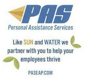 PAS PERSONAL ASSISTANCE SERVICES LIKE SUN AND WATER WE PARTNER WITH YOU TO HELP YOUR EMPLOYEES THRIVE PASEAP.COM logo