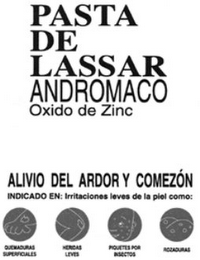 PASTA DE LASSAR ANDROMACO OXIDO DE ZINC ALIVIO DEL ARDOR Y COMEZÓN INDICADO EN: IRRITACIONES LEVES DE LA PIEL COMO QUEMADURAS SUPERFICIALES HERIDAS LEVES PIQUETES POR INSECTOS ROZADURAS logo