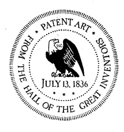 PATENT ART FROM THE HALL OF THE GREAT INVENTORS JULY 13. 1836 logo