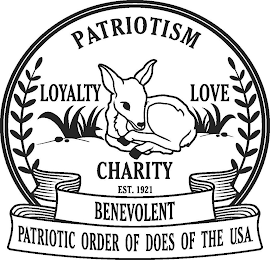 PATRIOTISM LOYALTY LOVE CHARITY EST. 1921 BENEVOLENT PATRIOTIC ORDER OF DOES OF THE U.S.A. logo