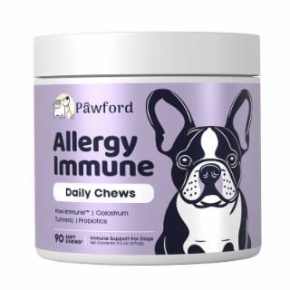 PAWFORD ALLERGY IMMUNE DAILY CHEWS PAW-IMMUNE I COLOSTRUM TURMERIC I PROBIOTICS 90 SOFT CHEWS | IMMUNE SUPPORT FOR DOGS NET CONTENTS: 9.5 OZ (27OG) logo