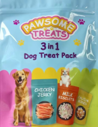 PAWSOME TREATS 3 IN 1 DOG TREAT PACK CHICKEN JERKY MILK BISCUITS CALCIUM BONES logo