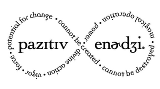 PAZITIV ENERDZI POTENTIAL FOR CHANGE · CANNOT BE CREATED · CANNOT BE DESTROYED · MAGICAL OPERATION · POWER · DIVINE ACTION · VIGOR · FORCE · logo