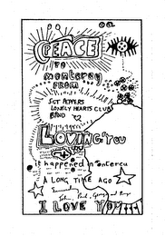 PEACE TO MONTEREY FROM SGT PEPPERS LONELY HEARTS CLUB BAND LOVING YOU IT HAPPENED ON CERCU A LONG TIME AGO SINCERLY JOHN, PAUL, GEORGE AND RINGO I LOVE YOU logo