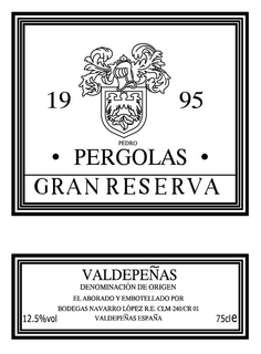 PEDRO PERGOLAS GRAN RESERVA 1995 VALDEPEÑAS DENOMINACIÓN DE ORIGEN EL ABORADO Y EMBOTELLADO POR BODEGAS NAVARRO LÓPEZ R.E. CLM-240/CR 01 VALDEPEÑAS ESPAÑA 12.5% VOL 75CLE logo
