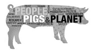 PEOPLE, PIGS & PLANET CARE PARTNER COLLABORATE RESEARCH COMMITMENT OUTREACH QUALITY PROMOTION CONTINUOUS IMPROVEMENT TRUST TRAINING NUTRITION SOCIAL RESPONSIBILITY PRODUCTIVITY PROTEIN ETHICS EDUCATE SUSTAINABILITY SAFETY logo