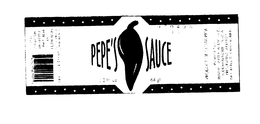 PEPE'S SAUCE PRODUCT OF COSTA RICA INGREDIENTS PEPPERS, WATER, ACETIC ACID, SODIUM BENZATE, 1% AS A PRESERVATIVE, AND F.D.C. NO. 40 RED FOOD COLORING logo