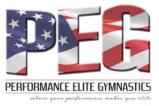 PERFORMANCE ELITE GYMNASTICS, PEG, WHERE YOUR PERFORMANCE MAKES YOU ELITE logo