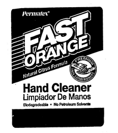 PERMATEX FAST ORANGE, NATURAL CITRUS FORMULA, PREMIUM SKIN CONDITIONERS, HAND CLEANER, LIMPIADOR DE MANOS, BIODEGRADABLE NO PETROLEUM SOLVENTS logo