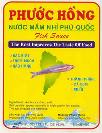 PHUOC HONG NUOC MAM NHI PHU QUOC FISH SAUCE THE BEST IMPROVES THE TASTE OF FOOD DAC BIET THOM NGON HAO HANG THANH PHAN: CA COM MUOI INGREDIENTS: ANCHOVY EXTRACT, SALT. SALT CRYSTALS APPEAR NATURALLY IN HIGH QUALITY FISH SAUCE. THE SALT CRYSTALS ARE HARMLESS. SAN XUAT TAI DAO PHU QUOC PRODUCED ON PHU QUOC ISLAND MADE BY PHUOC HONG HTTP://WWW.PHUOCHONG.COM NET 24 FL. OZ (1 PT. 4 FL. OZ) 682 ML SINCE 1969 logo