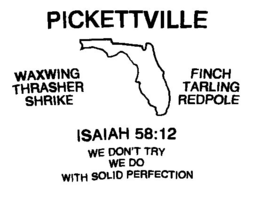 PICKETTVILLE ISAIAH 58:12 WE DONT TRY WE DO WITH SOLID PERFECTION WAXWING THRASHER SHRIKE FINCH TARLING REDPOLE logo