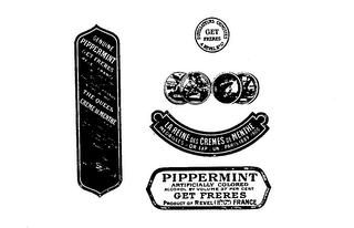 PIPPERMINT ARTIFICIALLY COLORED ALCOHOL BY VOLUME 27 PERCENT GET FRERES PRODUCT OF REVEL FRANCE GENUINE PIPPERMINT THE QUEEN CREME DE MENTHE LA REINE DES CREMES DE MENTHE MEDAILLES OR EXP. UN PARIS 1889-1900 logo