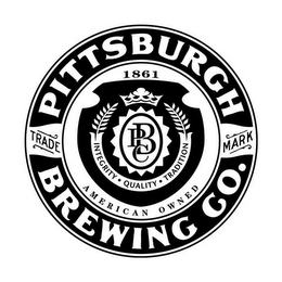 PITTSBURGH BREWING CO. TRADE MARK AMERICAN OWNED 1861 PBC INTEGRITY QUALITY TRADITION logo