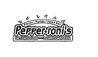 PIZZAS PASTAS SALAD BAR PEPPER RONI'S UPTOWN FOOD DOWNTOWN FUN logo