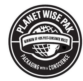 PLANET WISE PAK MINIMUM OF 40% POST-CONSUMER WASTE PACKAGING WITH A CONSCIENCE logo