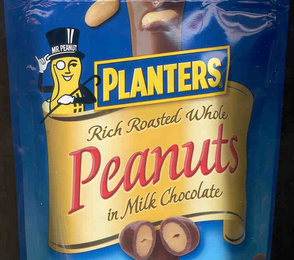 PLANTERS RICH ROASTED WHOLE PEANUTS IN MILK CHOCOLATE logo
