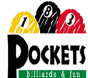 POCKETS BILLIARDS & FUN, 1, 8, 3 logo